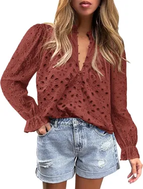 PRETTYGARDEN Women's Dressy Casual Blouse Tops Fall Spring Puff Long Sleeve Button V Neck Hollow Out Lace Embroidered Shirts