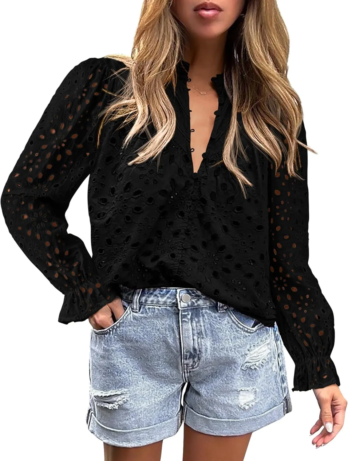 PRETTYGARDEN Women's Dressy Casual Blouse Tops Fall Spring Puff Long Sleeve Button V Neck Hollow Out Lace Embroidered Shirts