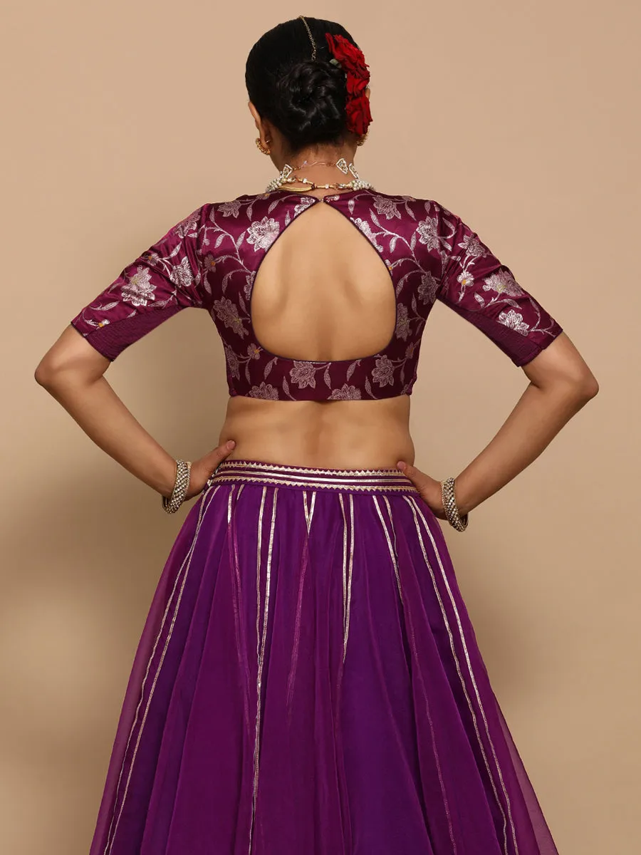 Saanvi x Tyohaar | Elbow Sleeves Satin Viscose Saree Blouse in Violet Meenakari Fabric
