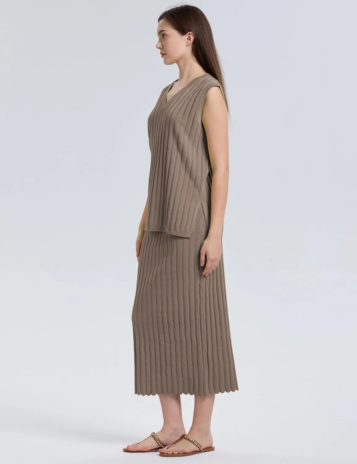 SCUSTY Women's 2 Piece Sweater Skirt Sets Sleeveless V Neck Knit Ribbed Vest Tops Midi Skirt