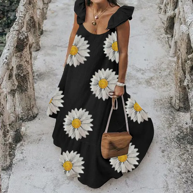 Short Sleeve Casual Pleated Ruffled Maxi Dress