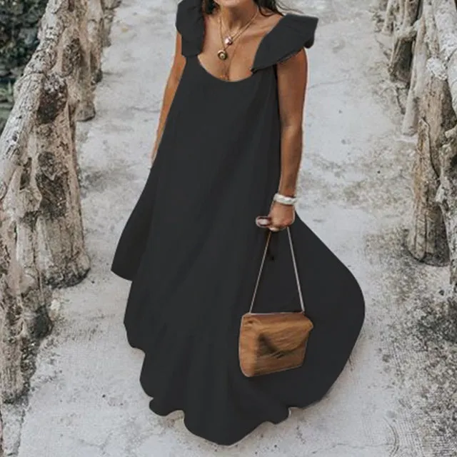 Short Sleeve Casual Pleated Ruffled Maxi Dress