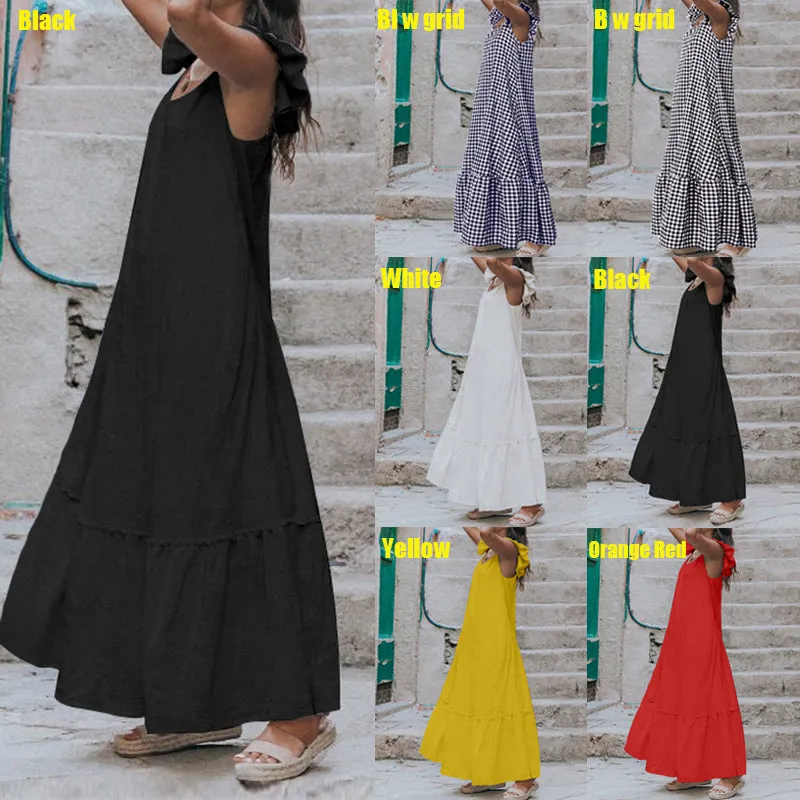 Short Sleeve Casual Pleated Ruffled Maxi Dress