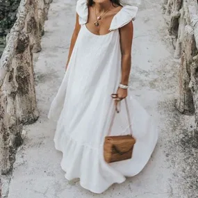 Short Sleeve Casual Pleated Ruffled Maxi Dress