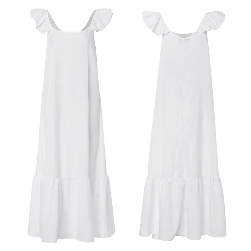 Short Sleeve Casual Pleated Ruffled Maxi Dress