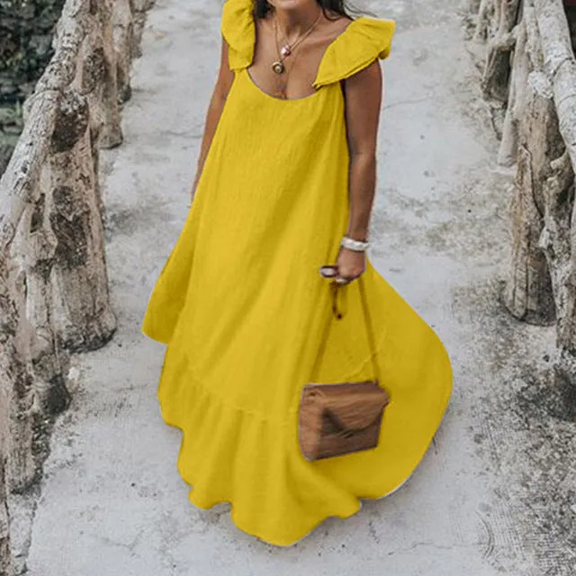 Short Sleeve Casual Pleated Ruffled Maxi Dress