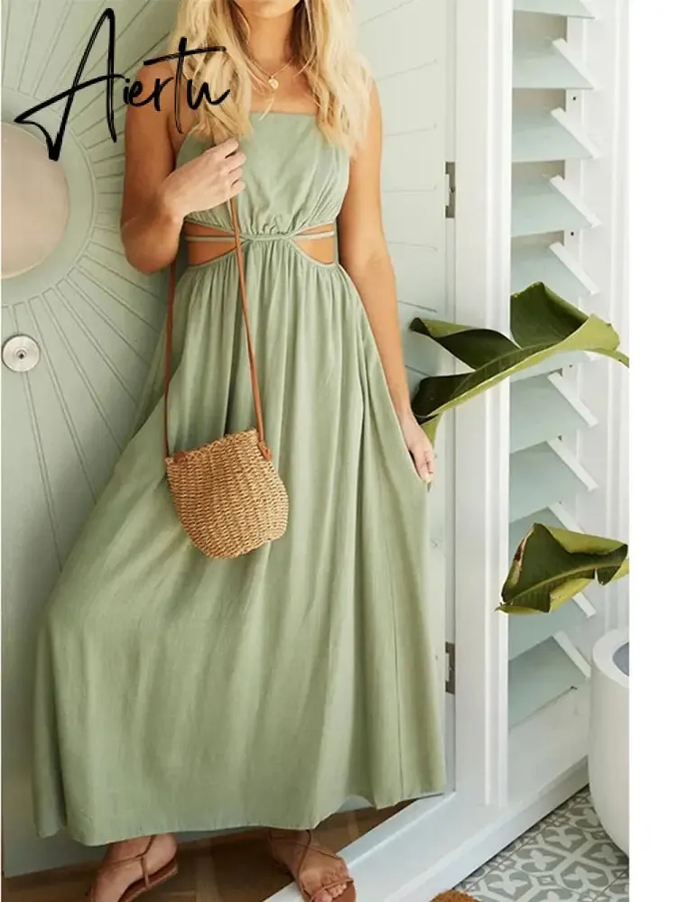 Spaghetti Strap Waist Hollow Out Beige Summer Maxi Long Dress Solid Elegant Backless Sundress Casual Women Dress