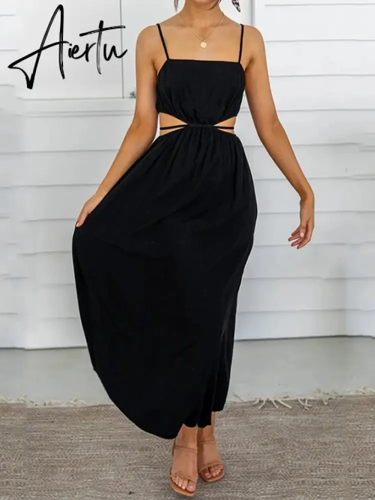 Spaghetti Strap Waist Hollow Out Beige Summer Maxi Long Dress Solid Elegant Backless Sundress Casual Women Dress
