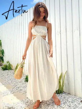 Spaghetti Strap Waist Hollow Out Beige Summer Maxi Long Dress Solid Elegant Backless Sundress Casual Women Dress