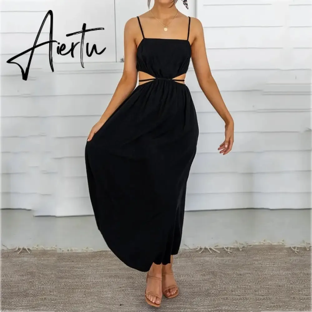 Spaghetti Strap Waist Hollow Out Beige Summer Maxi Long Dress Solid Elegant Backless Sundress Casual Women Dress