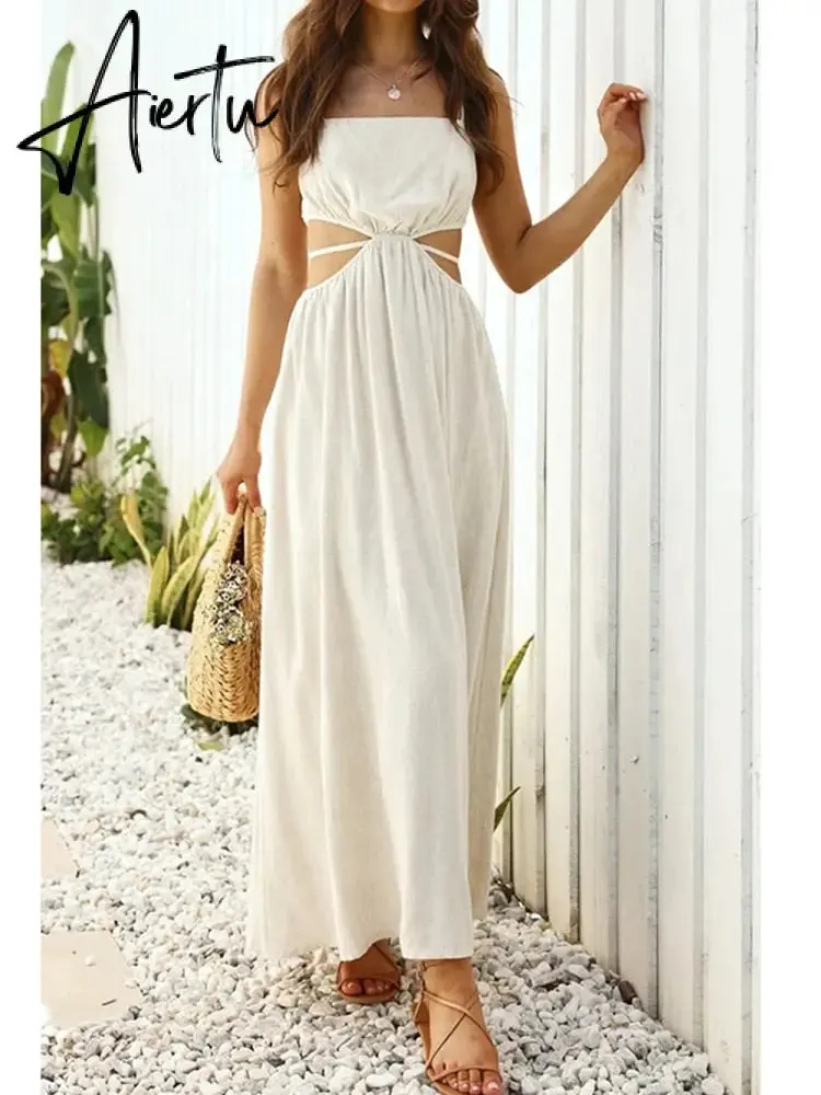 Spaghetti Strap Waist Hollow Out Beige Summer Maxi Long Dress Solid Elegant Backless Sundress Casual Women Dress