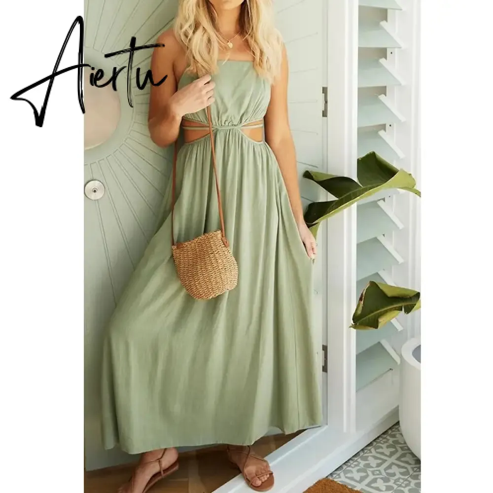 Spaghetti Strap Waist Hollow Out Beige Summer Maxi Long Dress Solid Elegant Backless Sundress Casual Women Dress