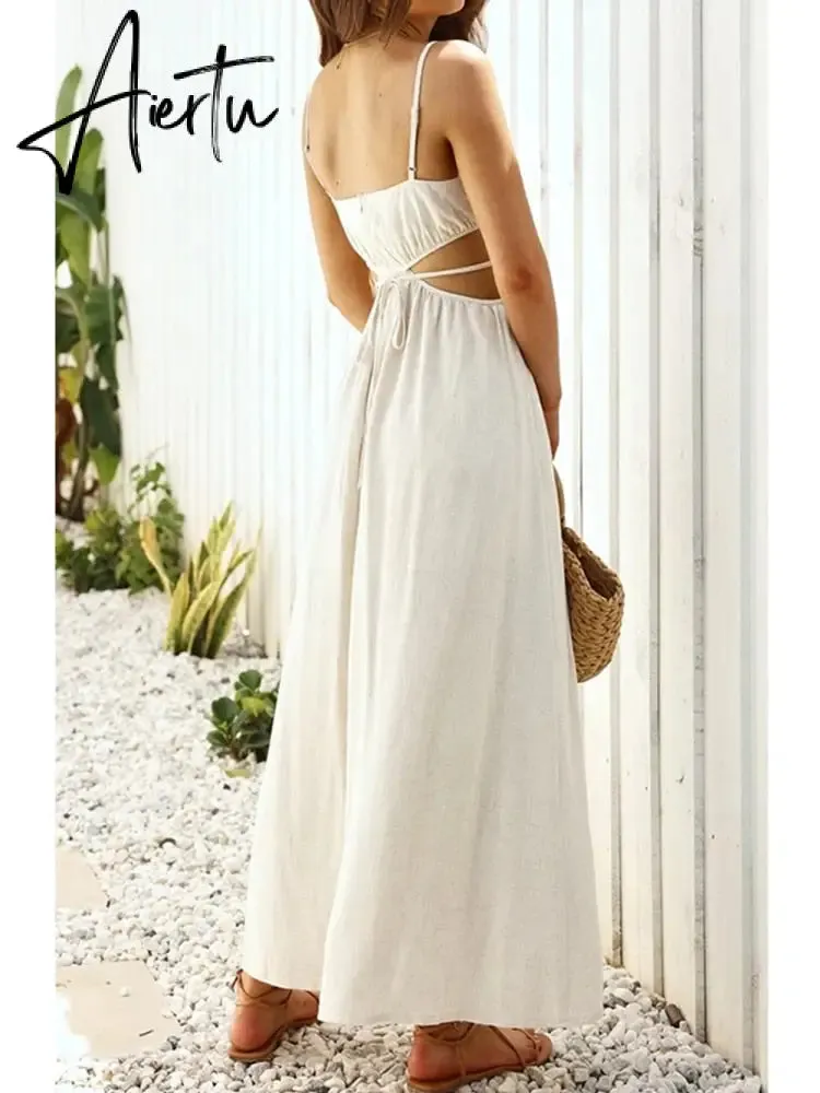 Spaghetti Strap Waist Hollow Out Beige Summer Maxi Long Dress Solid Elegant Backless Sundress Casual Women Dress