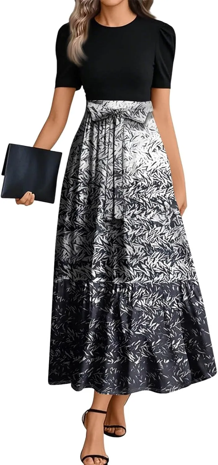 Spring Long Dresses for Women 2025 Wedding Guest Dress Plus Size Short Sleeve Crewneck Aline Dresses Elegant Dress