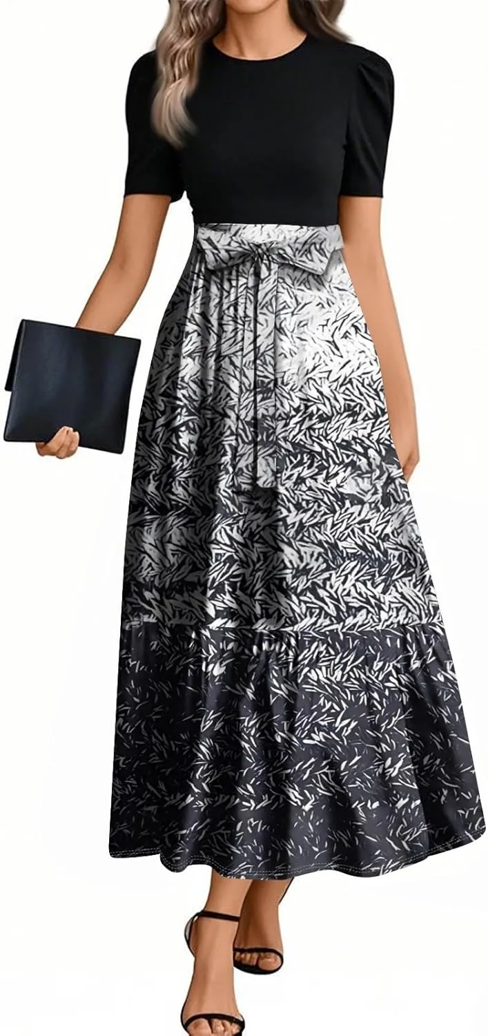 Spring Long Dresses for Women 2025 Wedding Guest Dress Plus Size Short Sleeve Crewneck Aline Dresses Elegant Dress