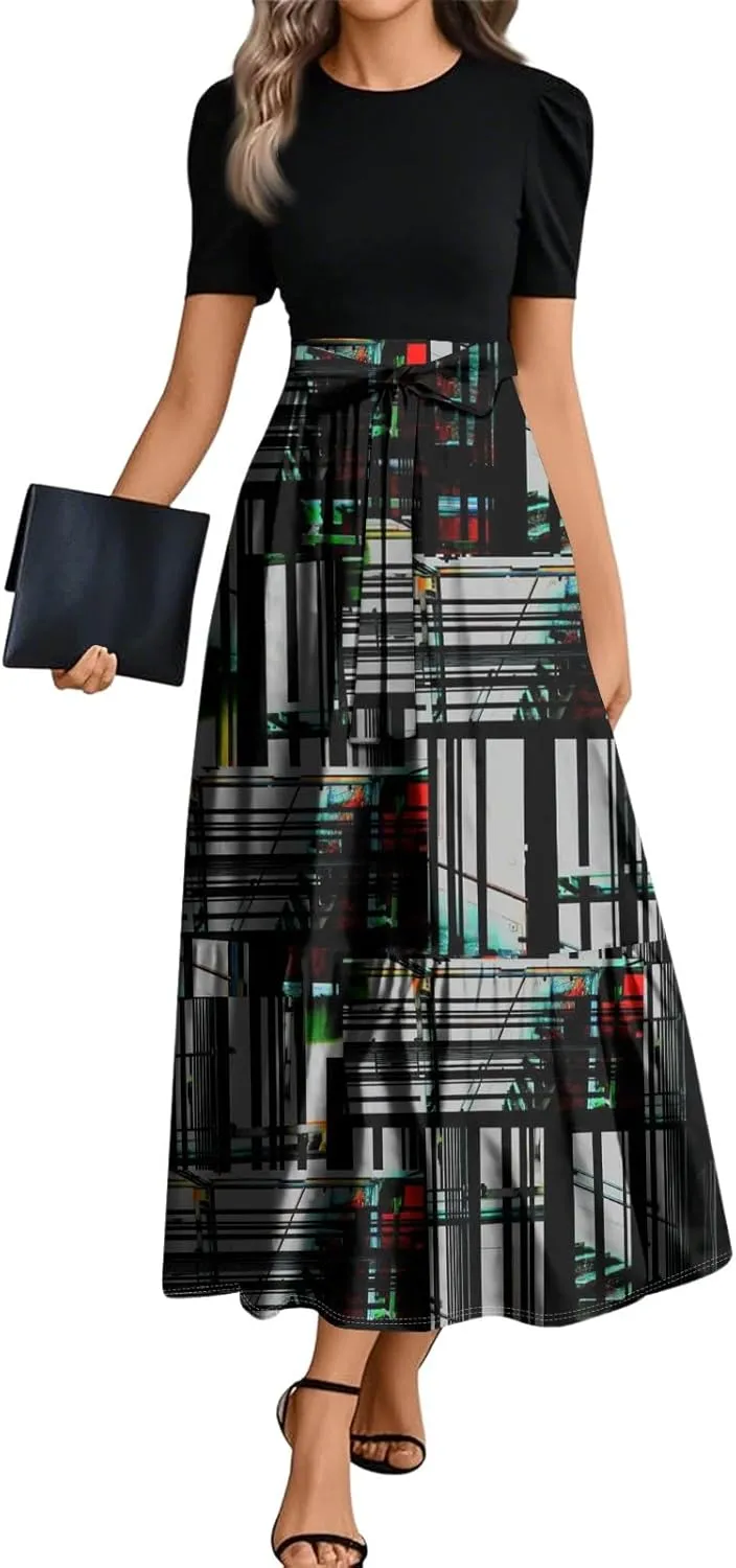 Spring Long Dresses for Women 2025 Wedding Guest Dress Plus Size Short Sleeve Crewneck Aline Dresses Elegant Dress