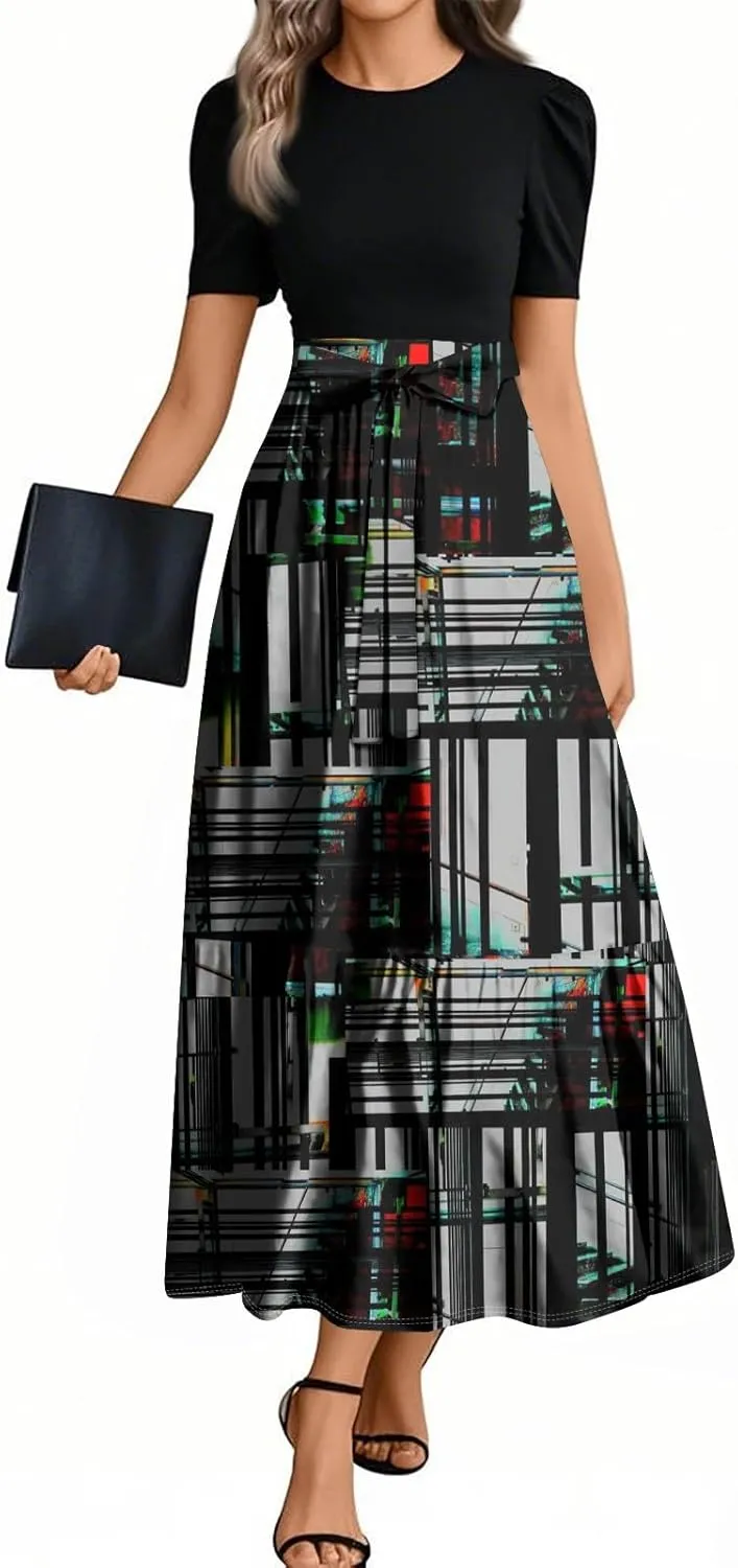 Spring Long Dresses for Women 2025 Wedding Guest Dress Plus Size Short Sleeve Crewneck Aline Dresses Elegant Dress