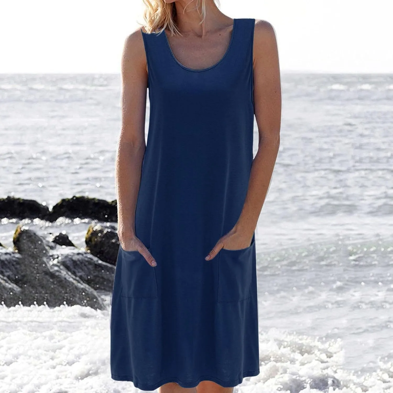 Summer Dress for Women Sleeveless Crew Neck Knit Tank Dress Casual Solid Fashion Loose Fit Sundress with Pockets