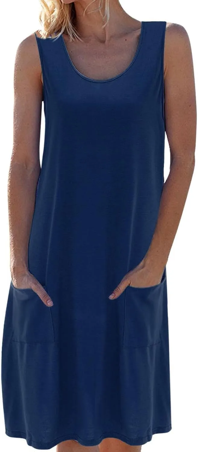 Summer Dress for Women Sleeveless Crew Neck Knit Tank Dress Casual Solid Fashion Loose Fit Sundress with Pockets