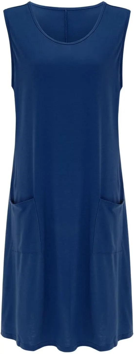 Summer Dress for Women Sleeveless Crew Neck Knit Tank Dress Casual Solid Fashion Loose Fit Sundress with Pockets