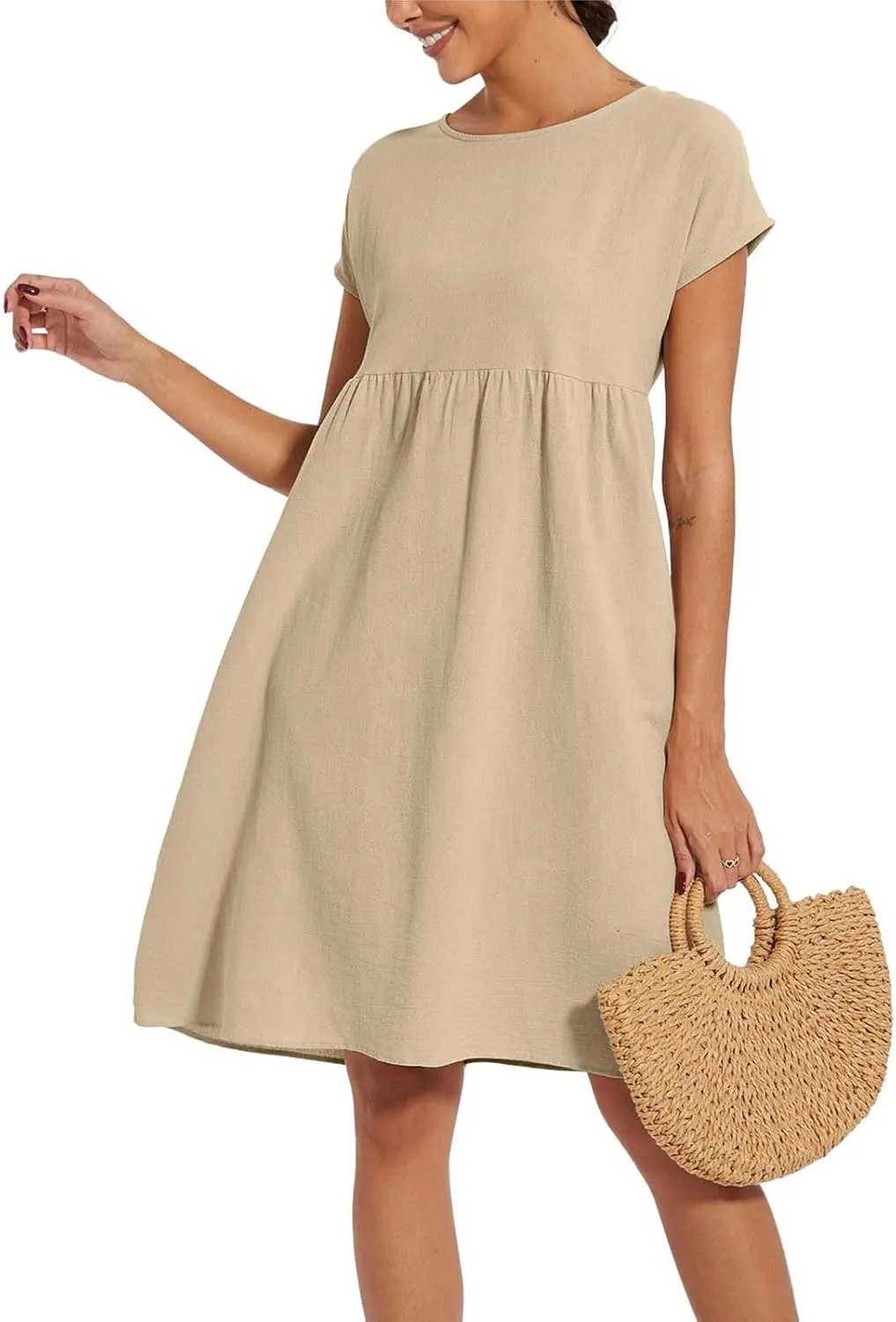 Summer Dresses for Women 2025 Women's Round Neck Cotton Linen Short Sleeves Dress Beach Vacation Comfortable Dress