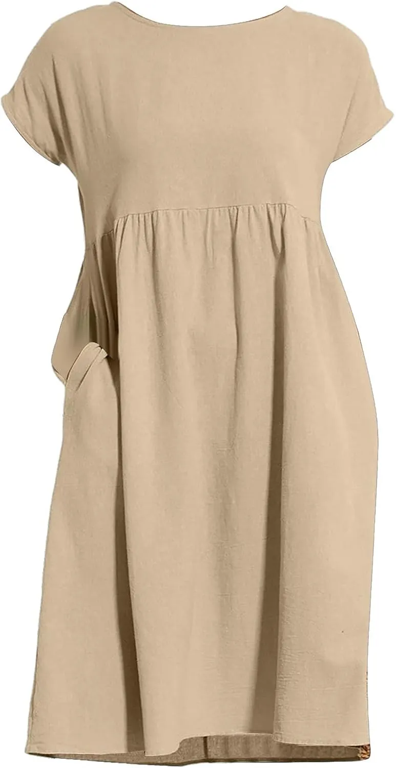 Summer Dresses for Women 2025 Women's Round Neck Cotton Linen Short Sleeves Dress Beach Vacation Comfortable Dress