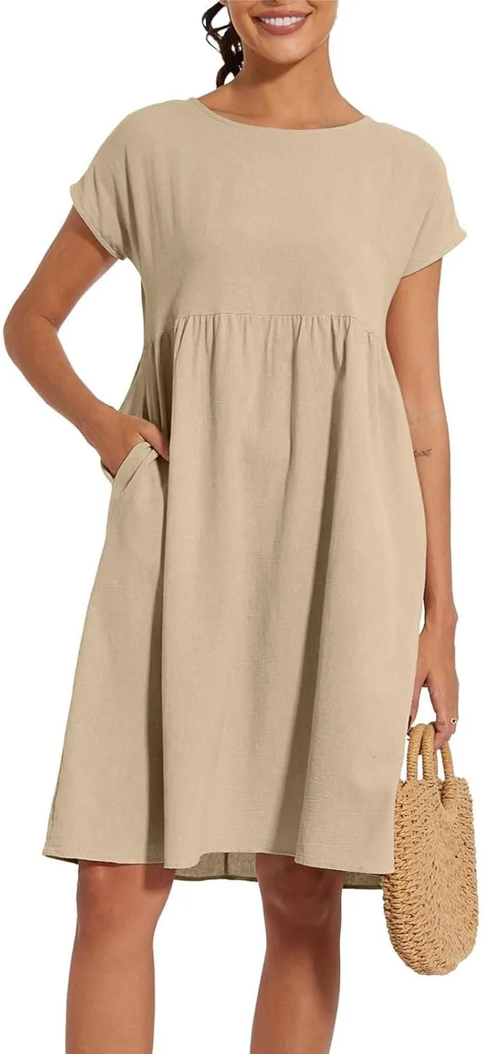 Summer Dresses for Women 2025 Women's Round Neck Cotton Linen Short Sleeves Dress Beach Vacation Comfortable Dress