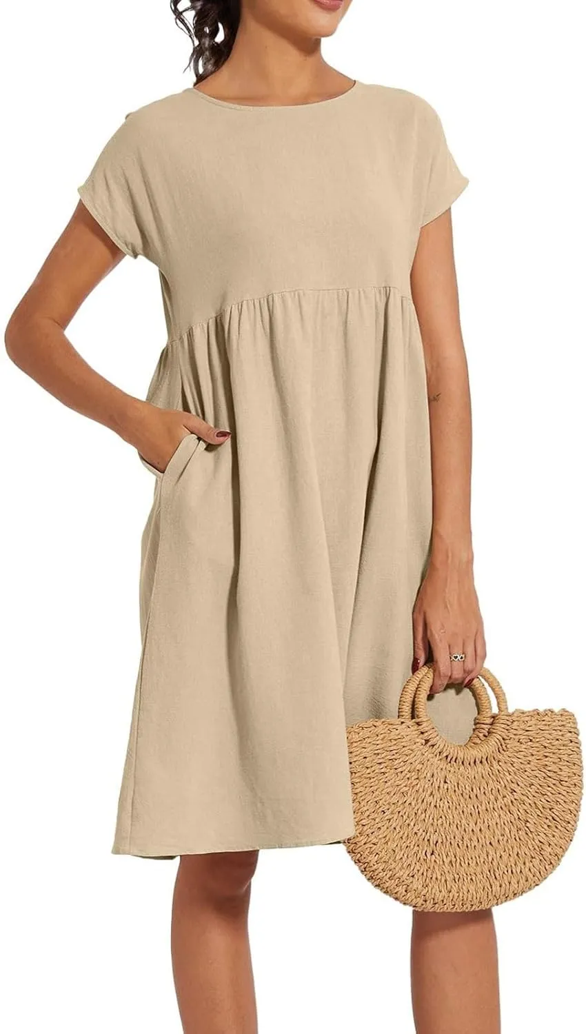 Summer Dresses for Women 2025 Women's Round Neck Cotton Linen Short Sleeves Dress Beach Vacation Comfortable Dress