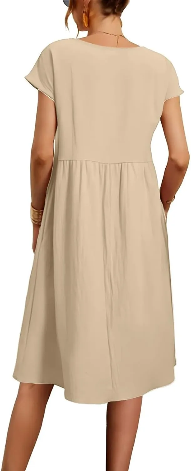 Summer Dresses for Women 2025 Women's Round Neck Cotton Linen Short Sleeves Dress Beach Vacation Comfortable Dress