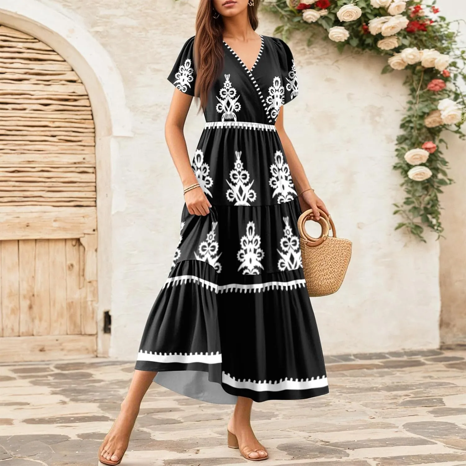 Summer Dresses for Women Crewneck Short Sleeve A Line Casual Floral Dresses Chiffon Tie Waist Pleated Midi Dress
