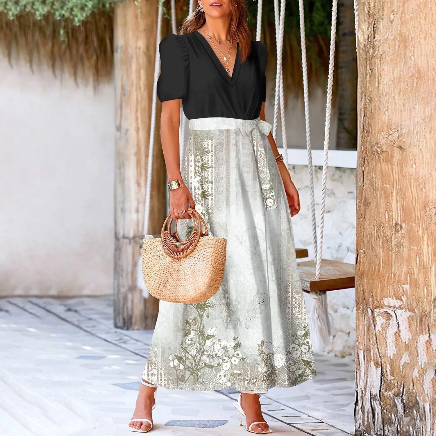 Summer Dresses for Women Short Sleeve Flowy Dress V Neck Elegant Maxi Dress with Belt Split Long Dresses