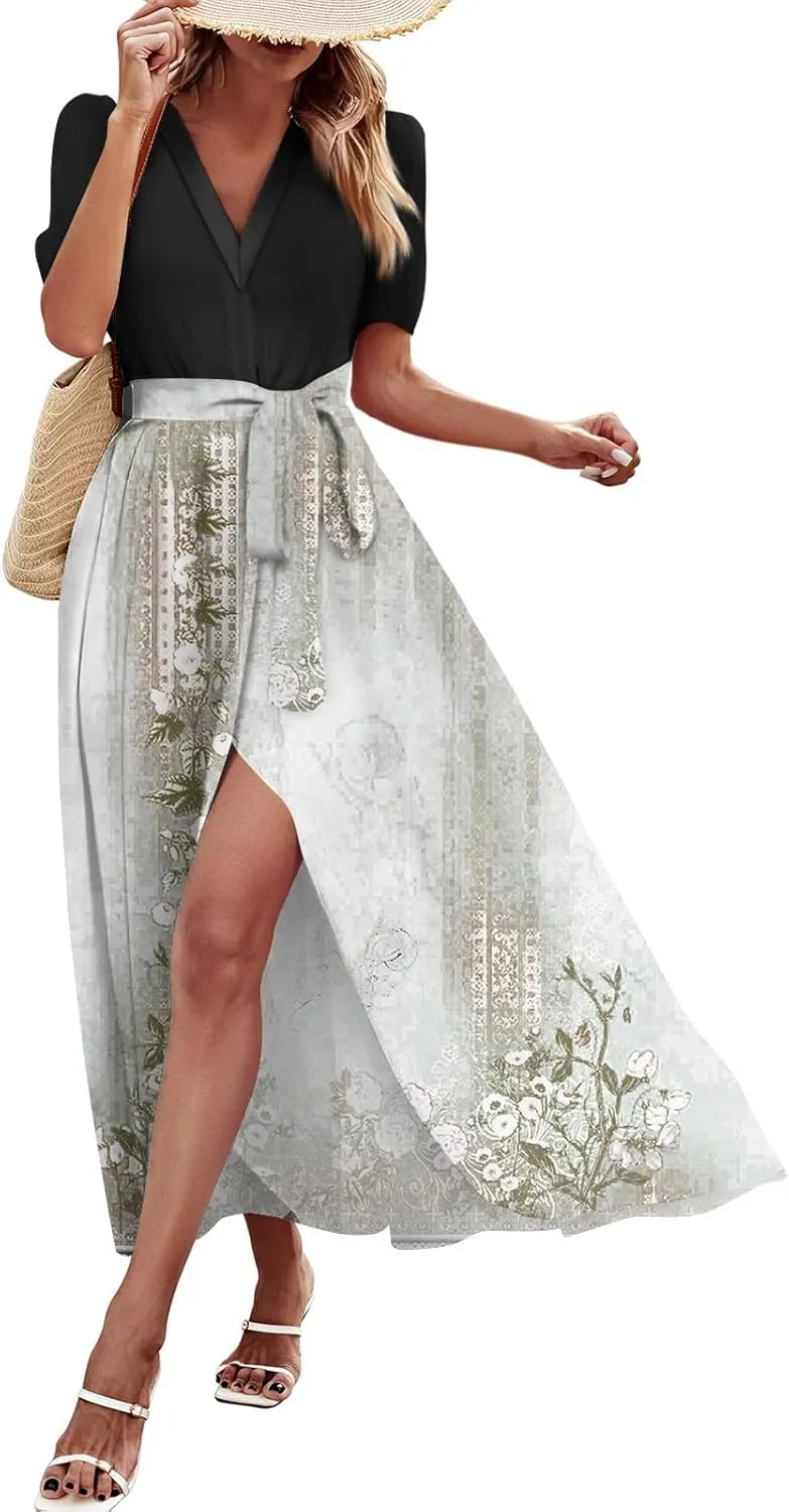 Summer Dresses for Women Short Sleeve Flowy Dress V Neck Elegant Maxi Dress with Belt Split Long Dresses