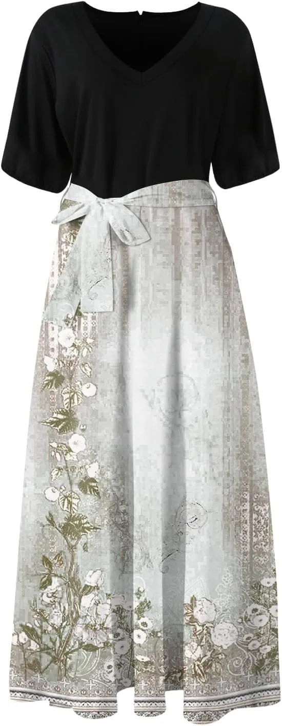 Summer Dresses for Women Short Sleeve Flowy Dress V Neck Elegant Maxi Dress with Belt Split Long Dresses