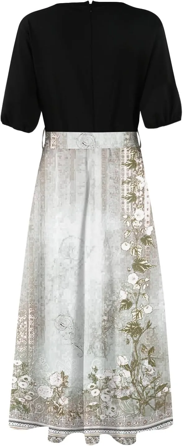 Summer Dresses for Women Short Sleeve Flowy Dress V Neck Elegant Maxi Dress with Belt Split Long Dresses