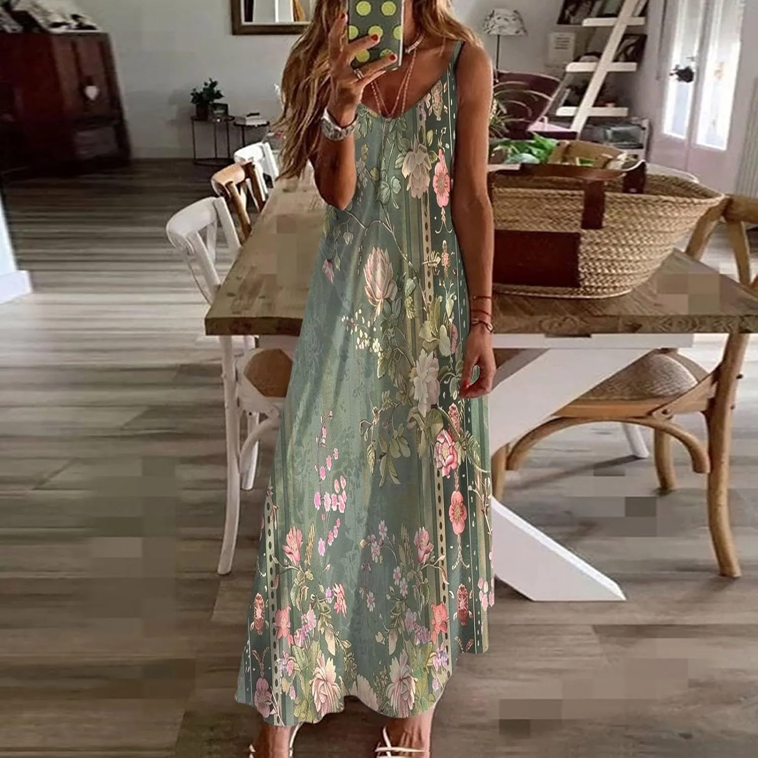 Summer Dresses for Women Vintage Elegant Floral Sexy Spaghetti Strap Sundresses Casual V Neck Long Maxi Dress 2025