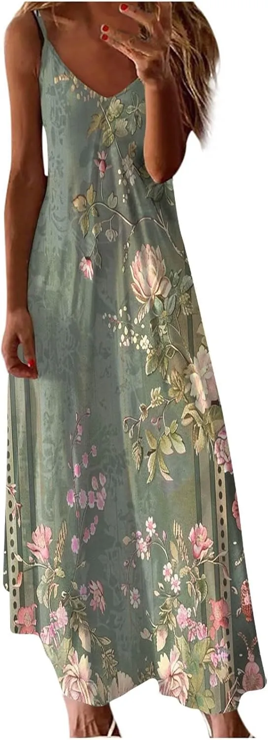 Summer Dresses for Women Vintage Elegant Floral Sexy Spaghetti Strap Sundresses Casual V Neck Long Maxi Dress 2025