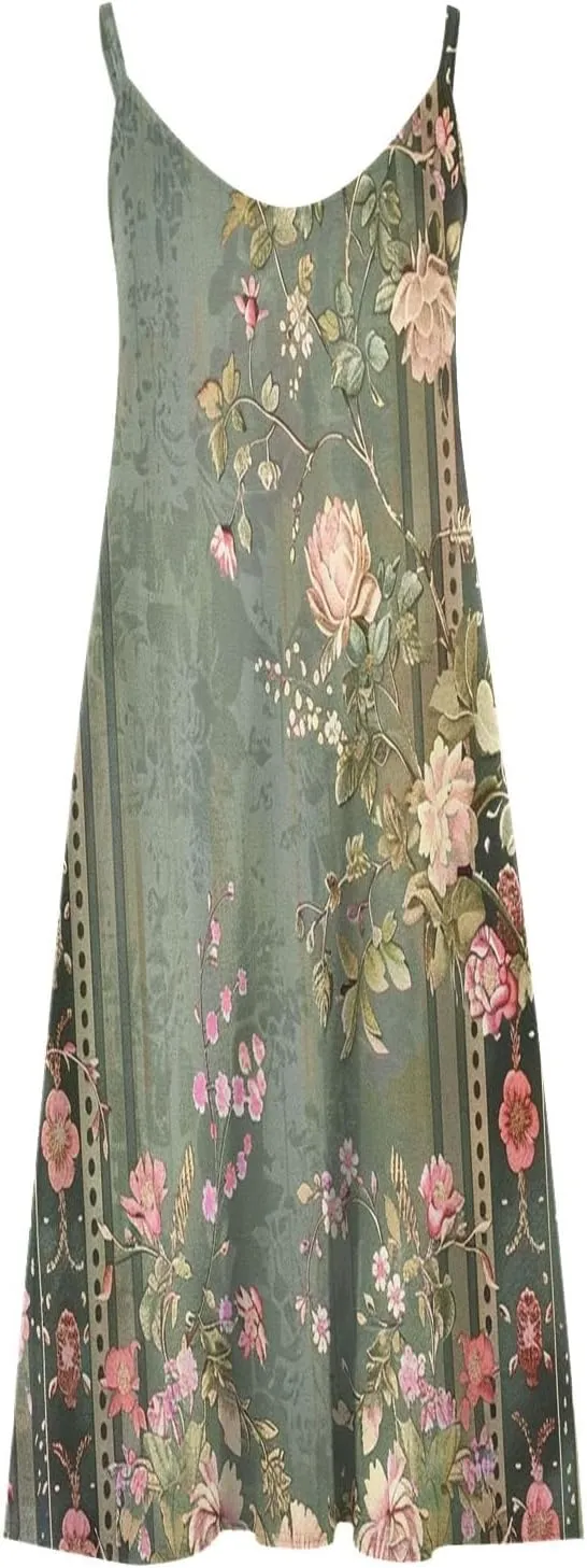 Summer Dresses for Women Vintage Elegant Floral Sexy Spaghetti Strap Sundresses Casual V Neck Long Maxi Dress 2025