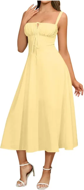 Summer Midi Corset Dress for Women Spaghetti Straps Lace Up A Line Dresses Sleeveless Y2k Square Neck Beach Sundress