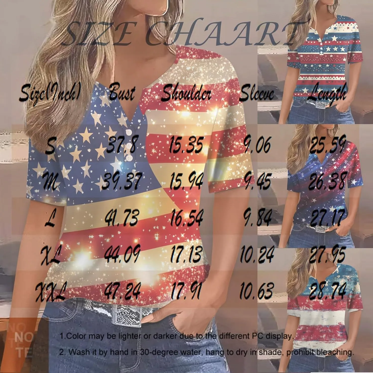 Summer Tops for Women Patriotic Star- V Neck Short Sleeve Shirts USA Flag Print Casual Blouse for Independence Day