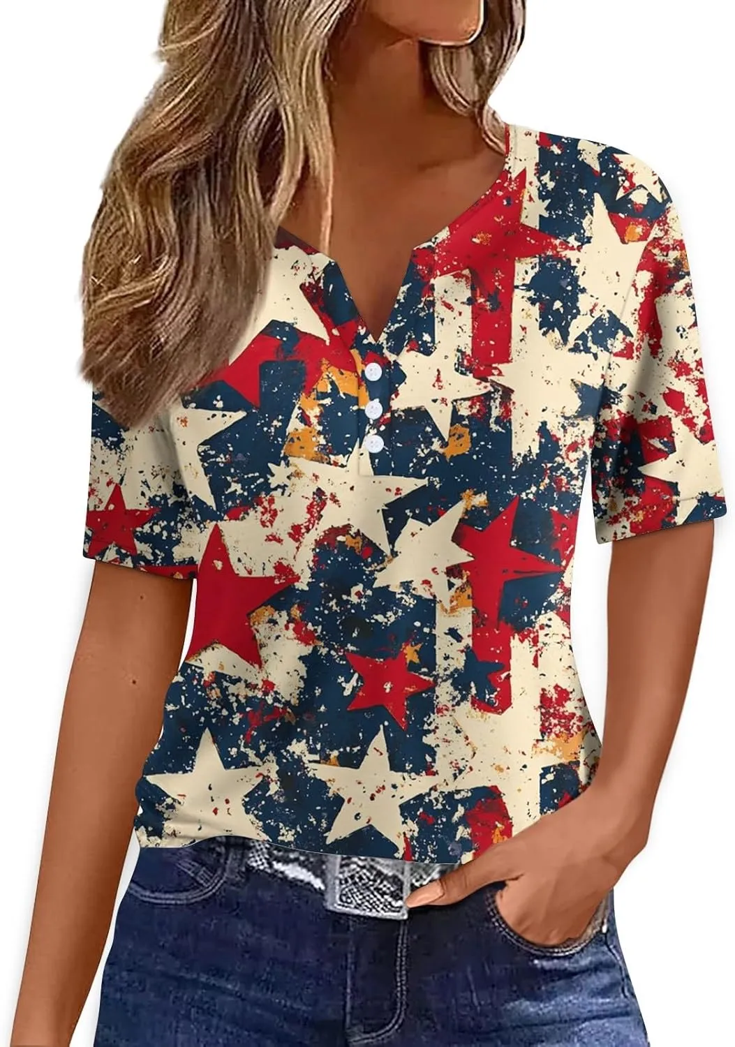 Summer Tops for Women Patriotic Star- V Neck Short Sleeve Shirts USA Flag Print Casual Blouse for Independence Day