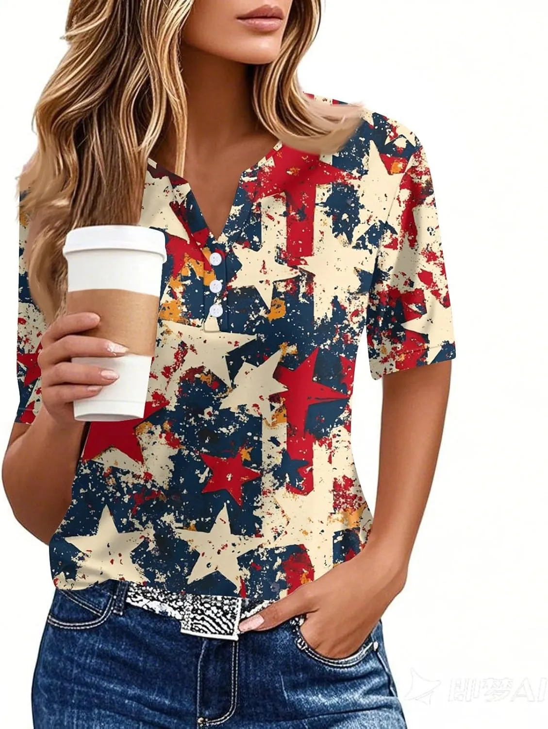 Summer Tops for Women Patriotic Star- V Neck Short Sleeve Shirts USA Flag Print Casual Blouse for Independence Day