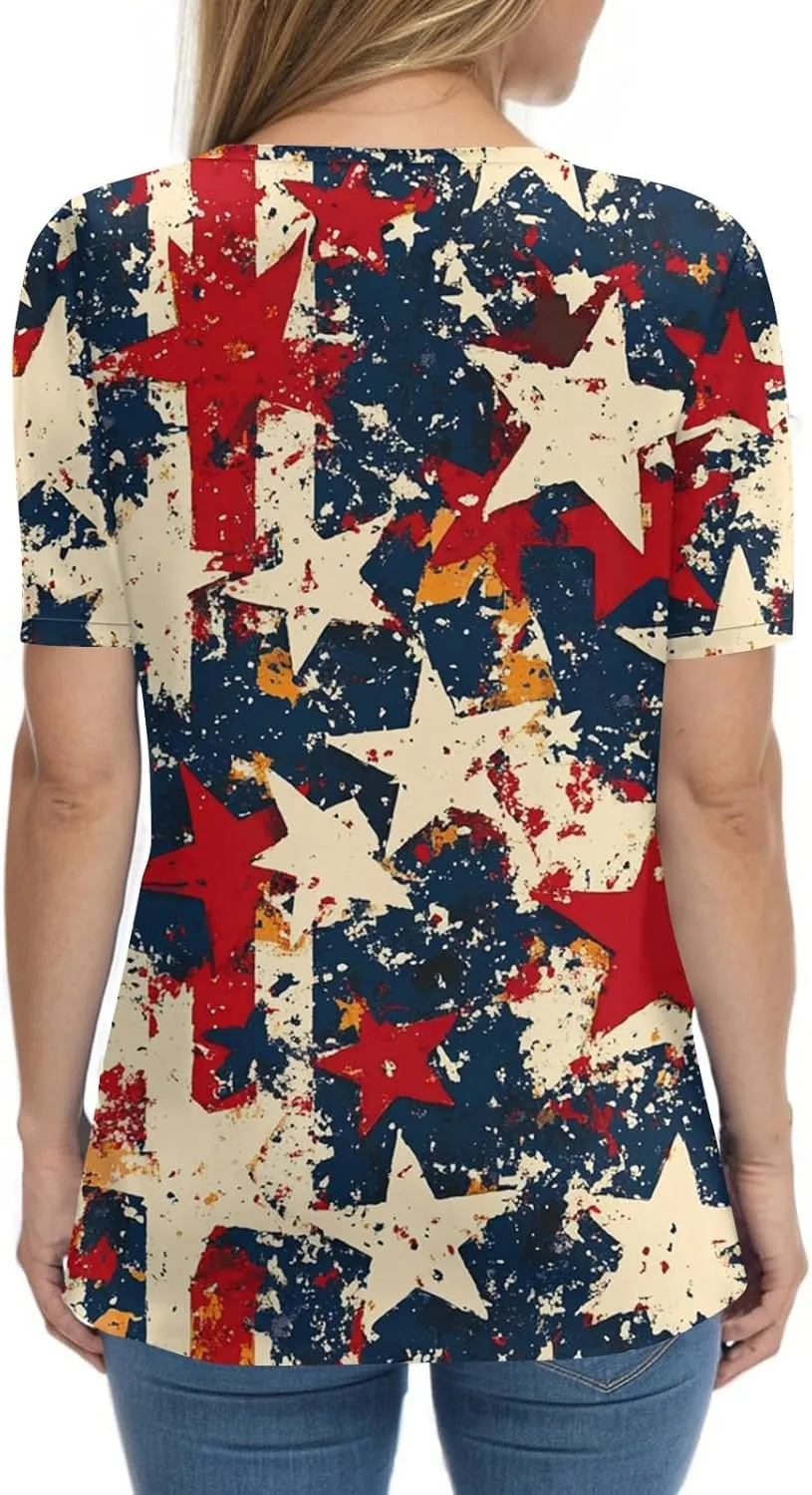 Summer Tops for Women Patriotic Star- V Neck Short Sleeve Shirts USA Flag Print Casual Blouse for Independence Day