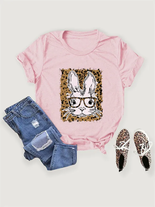 Suzanne Women's Easter Leopard Bunny Print Casual Short Sleeve T-Shirt
