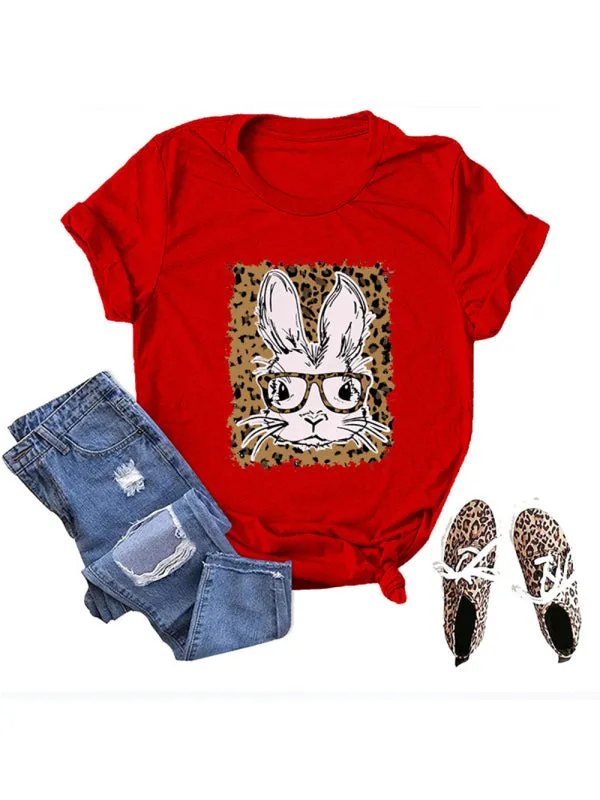 Suzanne Women's Easter Leopard Bunny Print Casual Short Sleeve T-Shirt