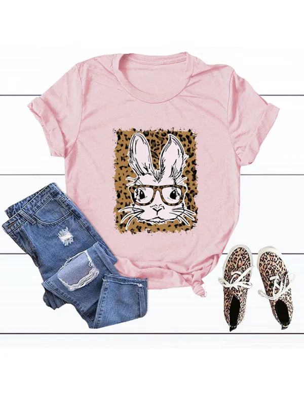 Suzanne Women's Easter Leopard Bunny Print Casual Short Sleeve T-Shirt