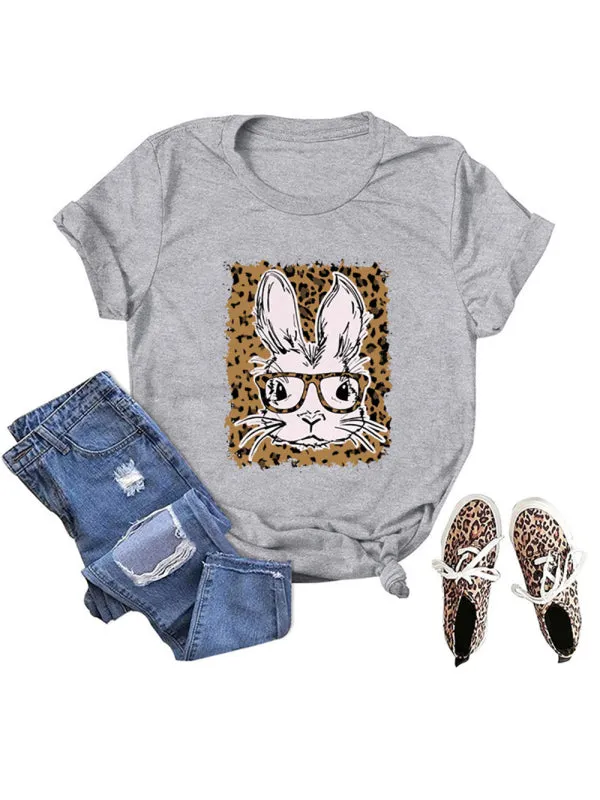 Suzanne Women's Easter Leopard Bunny Print Casual Short Sleeve T-Shirt