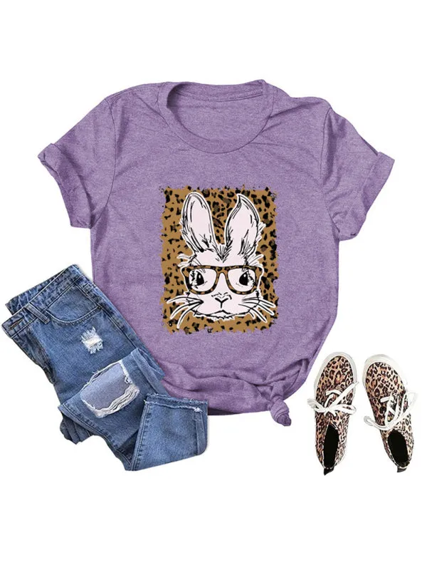 Suzanne Women's Easter Leopard Bunny Print Casual Short Sleeve T-Shirt