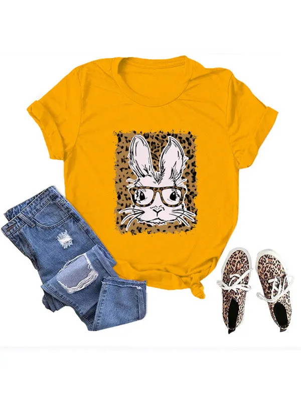Suzanne Women's Easter Leopard Bunny Print Casual Short Sleeve T-Shirt