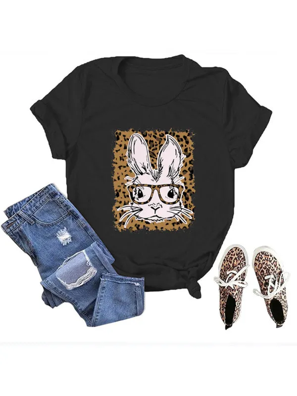 Suzanne Women's Easter Leopard Bunny Print Casual Short Sleeve T-Shirt