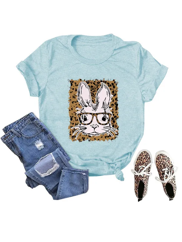 Suzanne Women's Easter Leopard Bunny Print Casual Short Sleeve T-Shirt